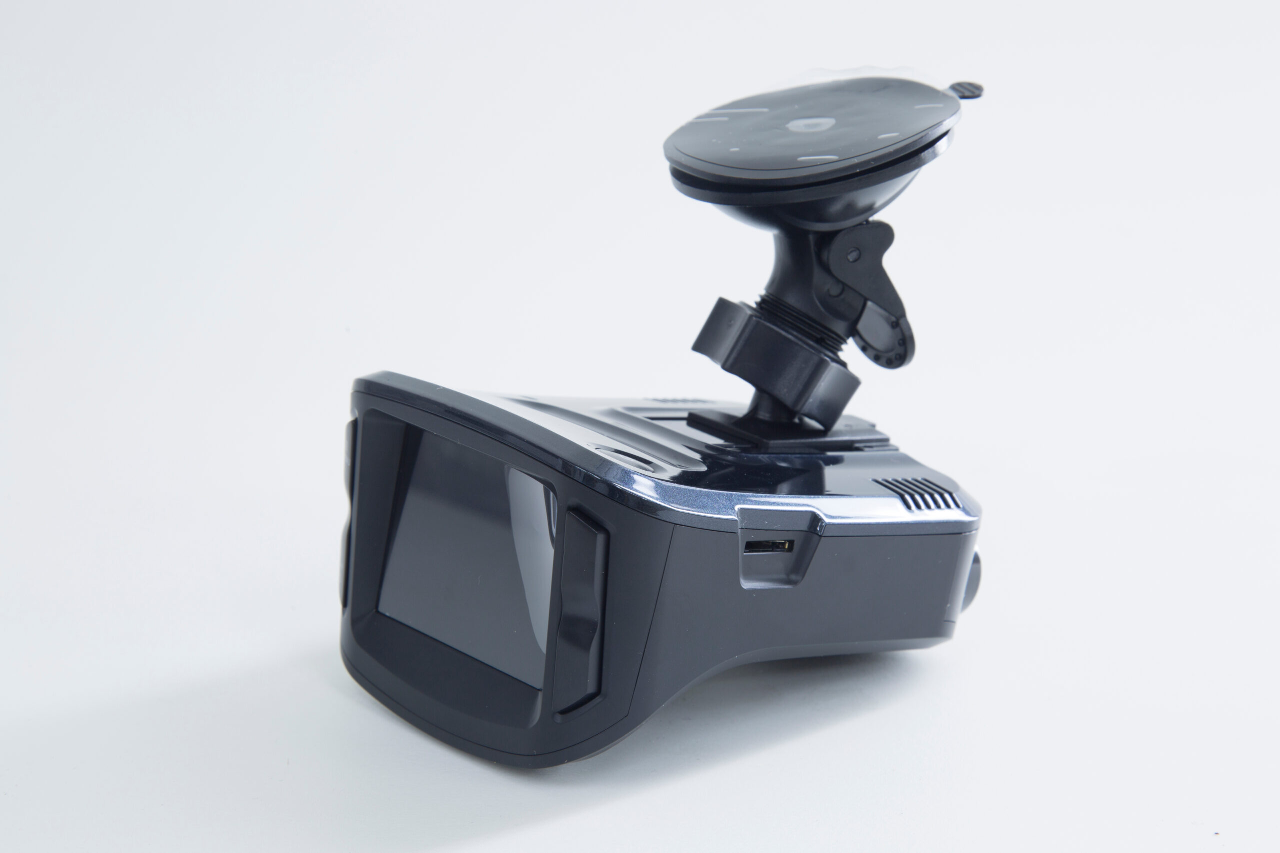 DVR and radar detector for car on white background. Combo device.