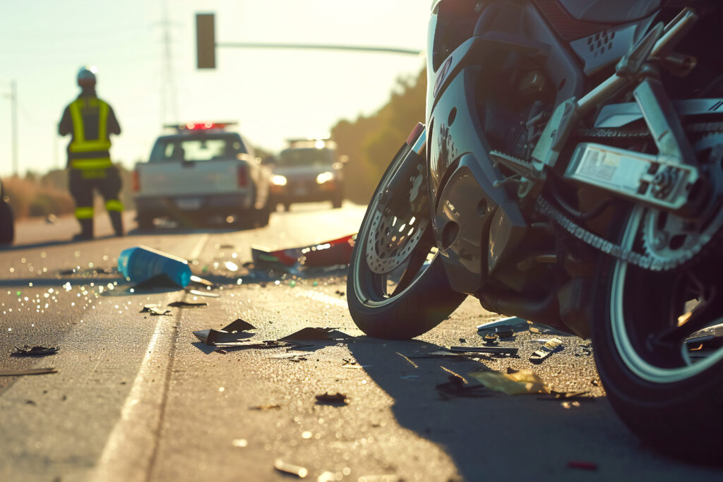 Crash on the road. Close up of a motorcycle accident on the road